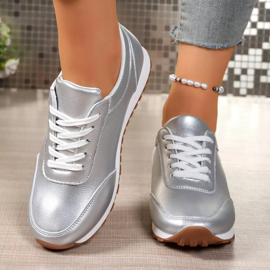 Round Toe Lace Up Sneakers Silver / 36 Apparel and Accessories
