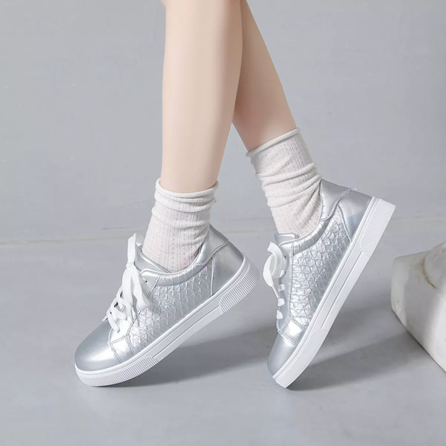Round Toe Lace Up Sneakers Silver / 36 Apparel and Accessories