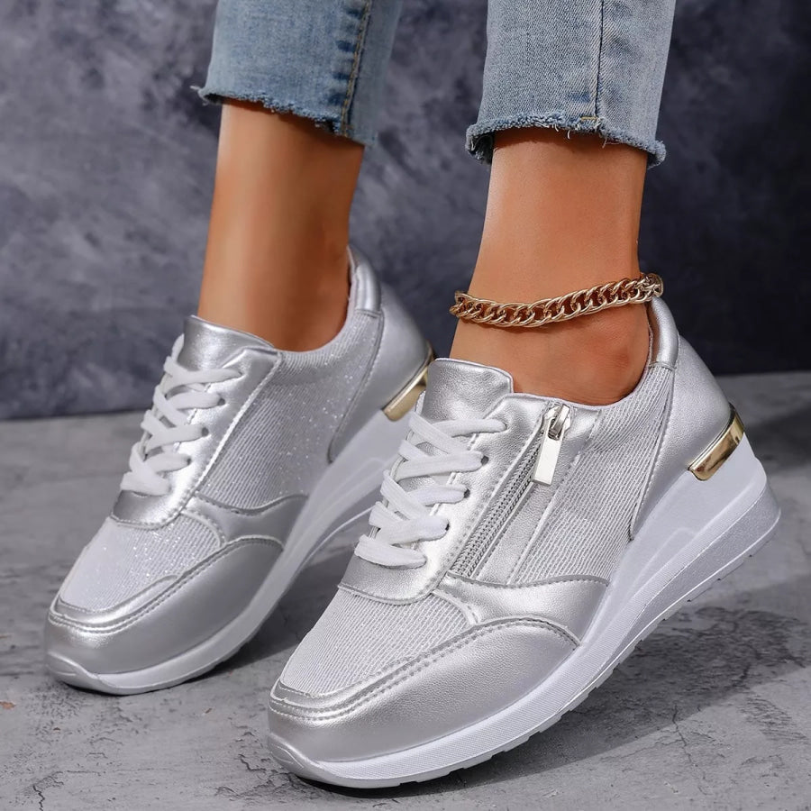 Round Toe Lace Up Sneakers Silver / 37 Apparel and Accessories