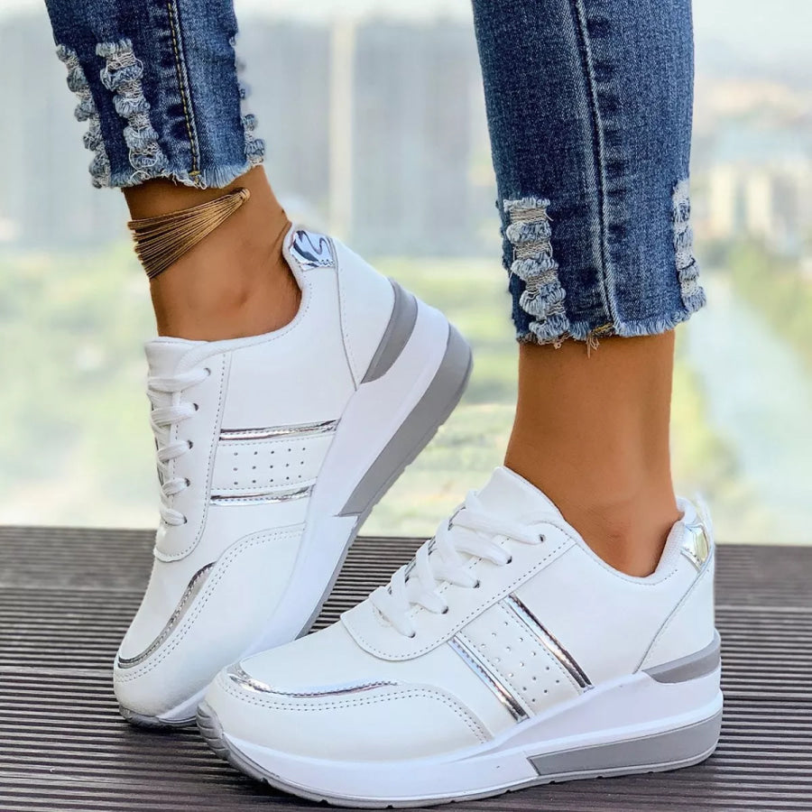 Round Toe Lace Up Sneakers White / 36 Apparel and Accessories