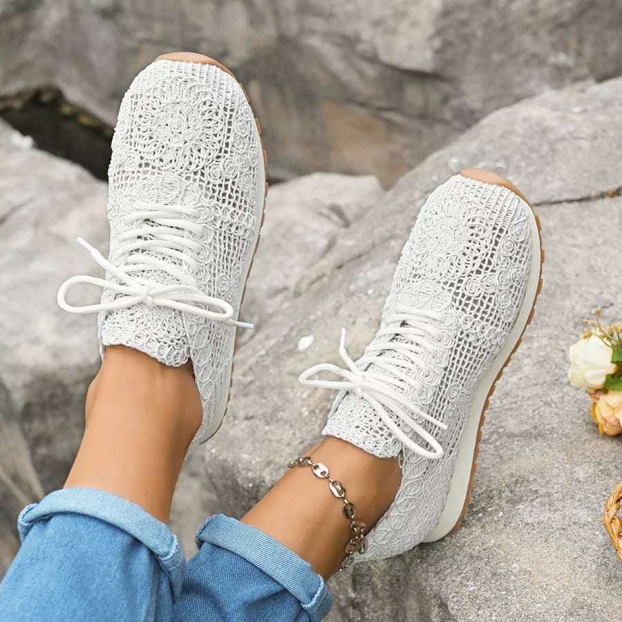Round Toe Lace Up Sneakers White / 36 Apparel and Accessories