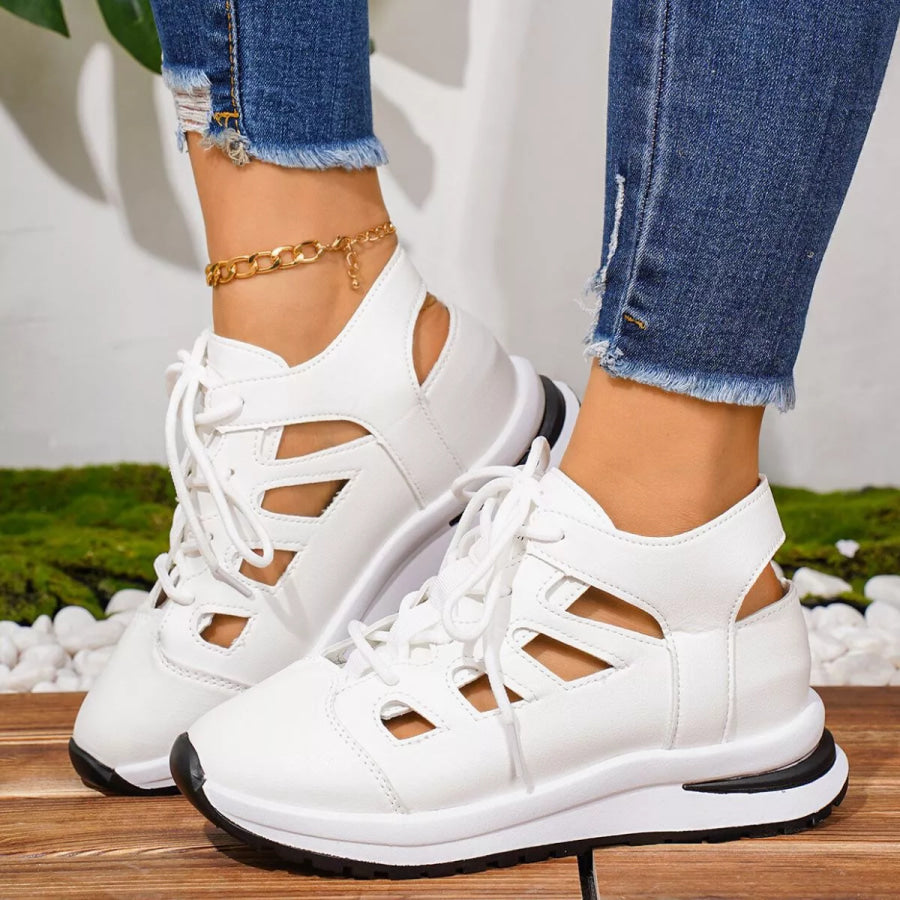 Round Toe Lace Up Sneakers White / 36 Apparel and Accessories