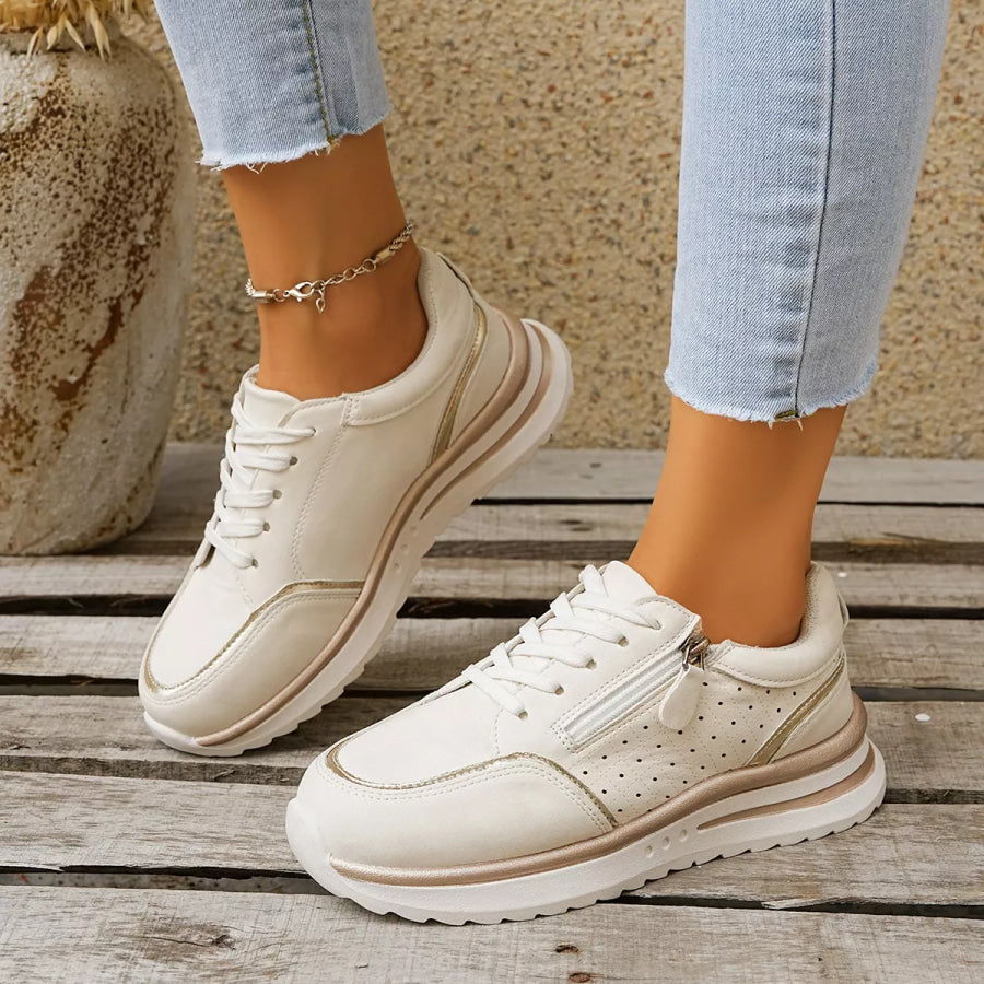 Round Toe Lace Up Sneakers White / 36 Apparel and Accessories