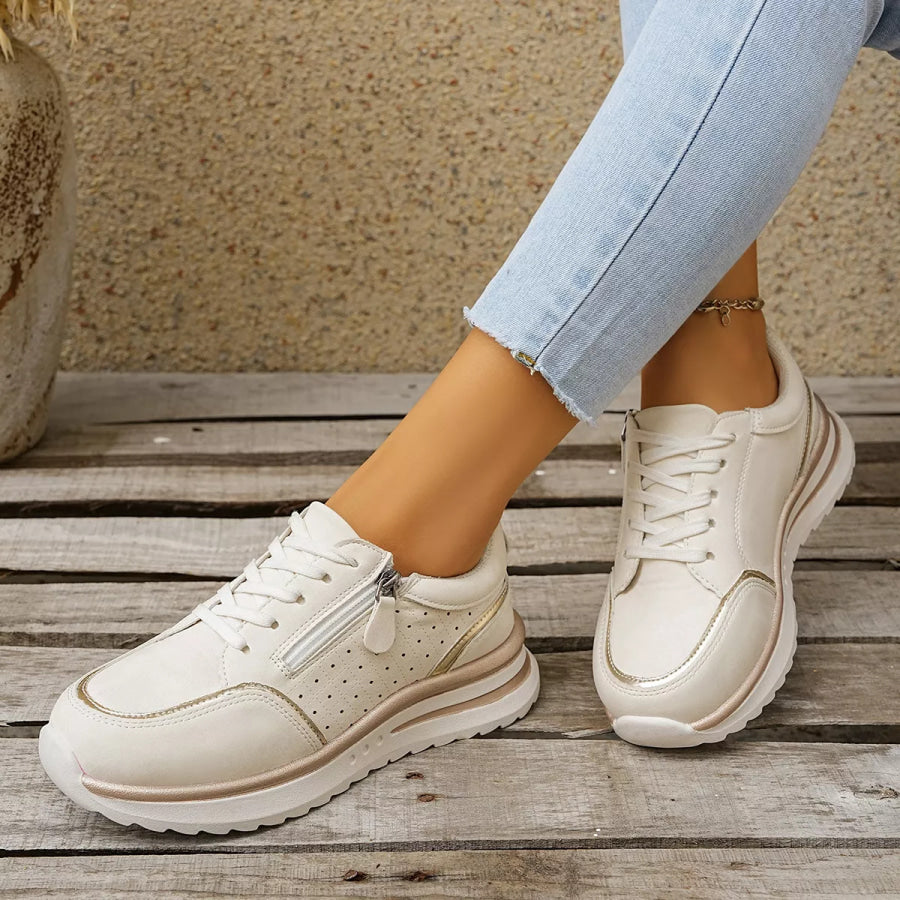 Round Toe Lace Up Sneakers White / 36 Apparel and Accessories