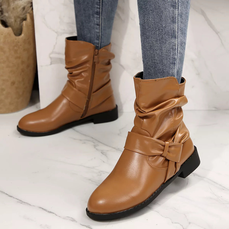 Round Toe Low Heel Boots Brown / 36 Apparel and Accessories