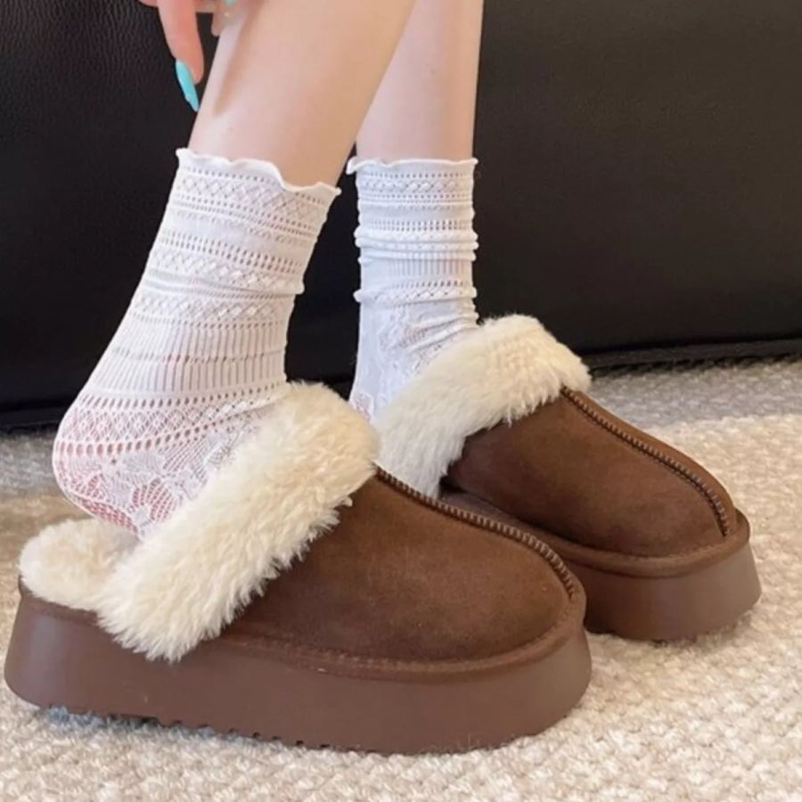Round Toe Platform Slippers Coffee Brown / 35 Apparel and Accessories