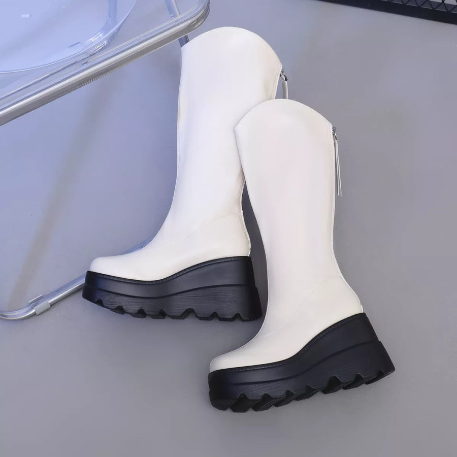 Round Toe Platform Wedge Boots Ivory / 36 Apparel and Accessories