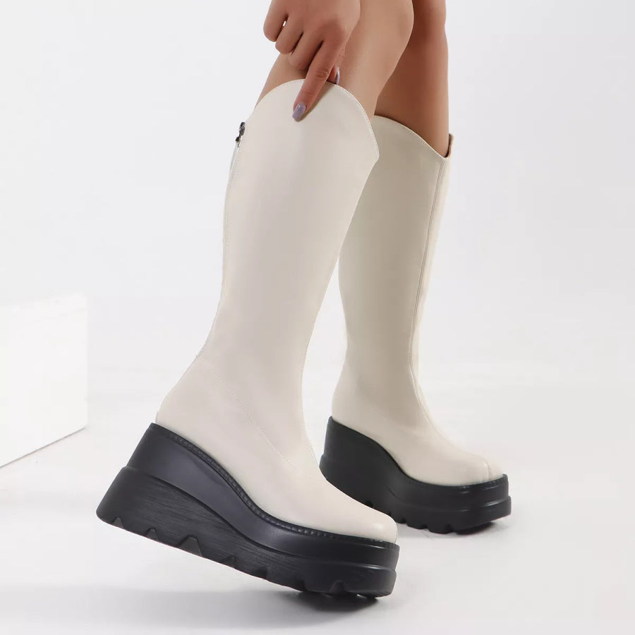 Round Toe Platform Wedge Boots Ivory / 36 Apparel and Accessories
