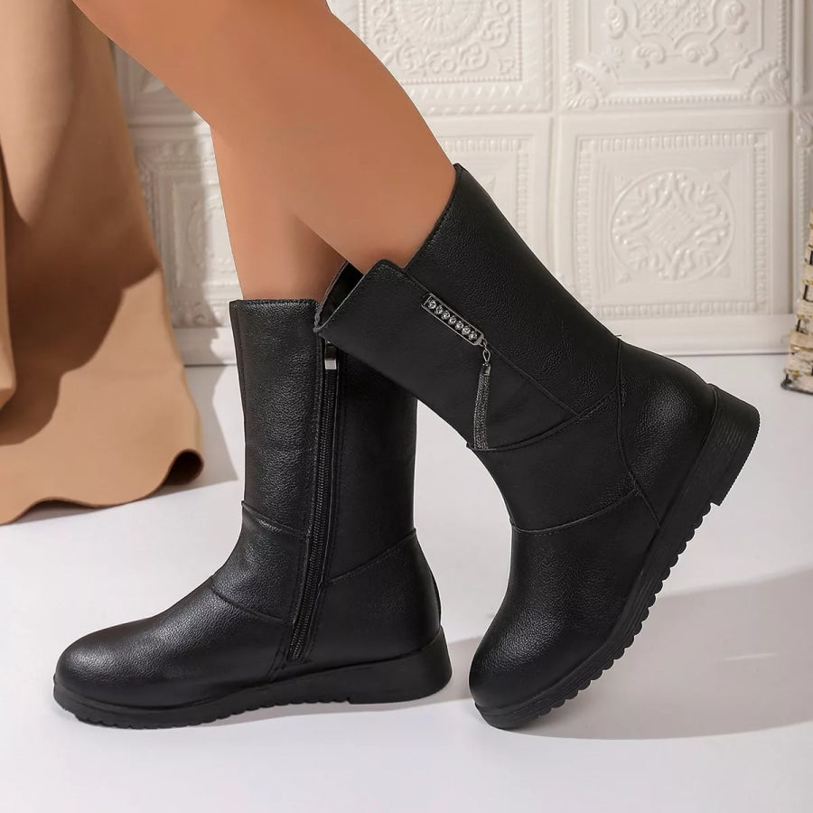 Round Toe Side Zip Boots Black / 35 Apparel and Accessories