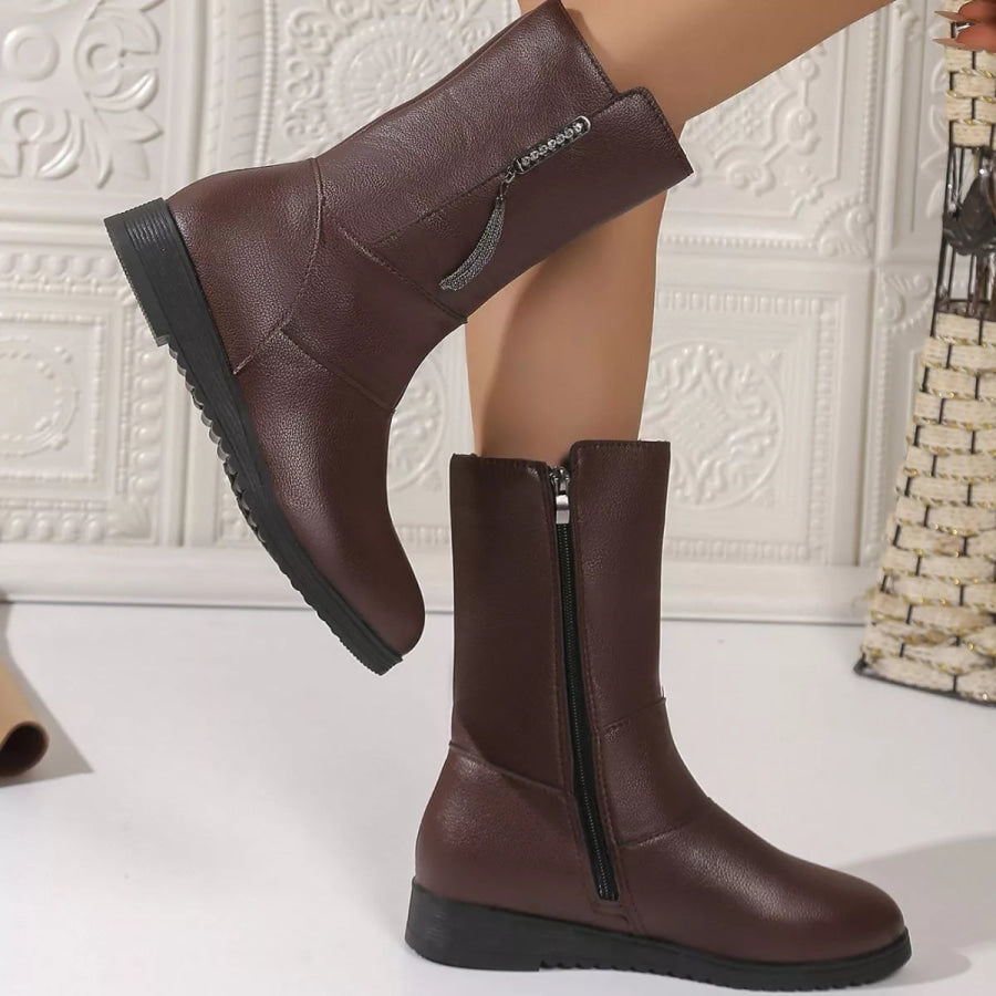 Round Toe Side Zip Boots Brown / 35 Apparel and Accessories