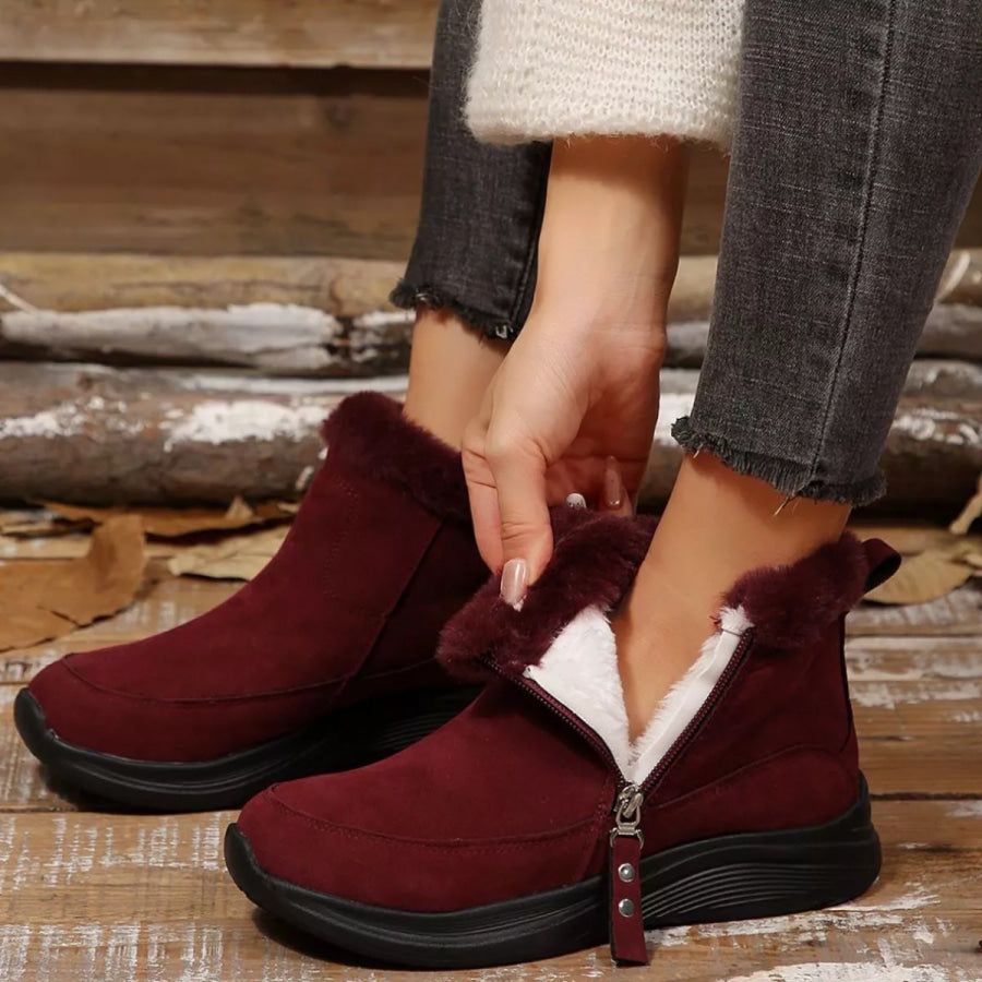 Round Toe Side Zip Boots Burgundy / 36 Apparel and Accessories