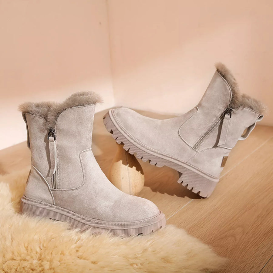 Round Toe Side Zipper Boots Apricot Color / 35 Apparel and Accessories