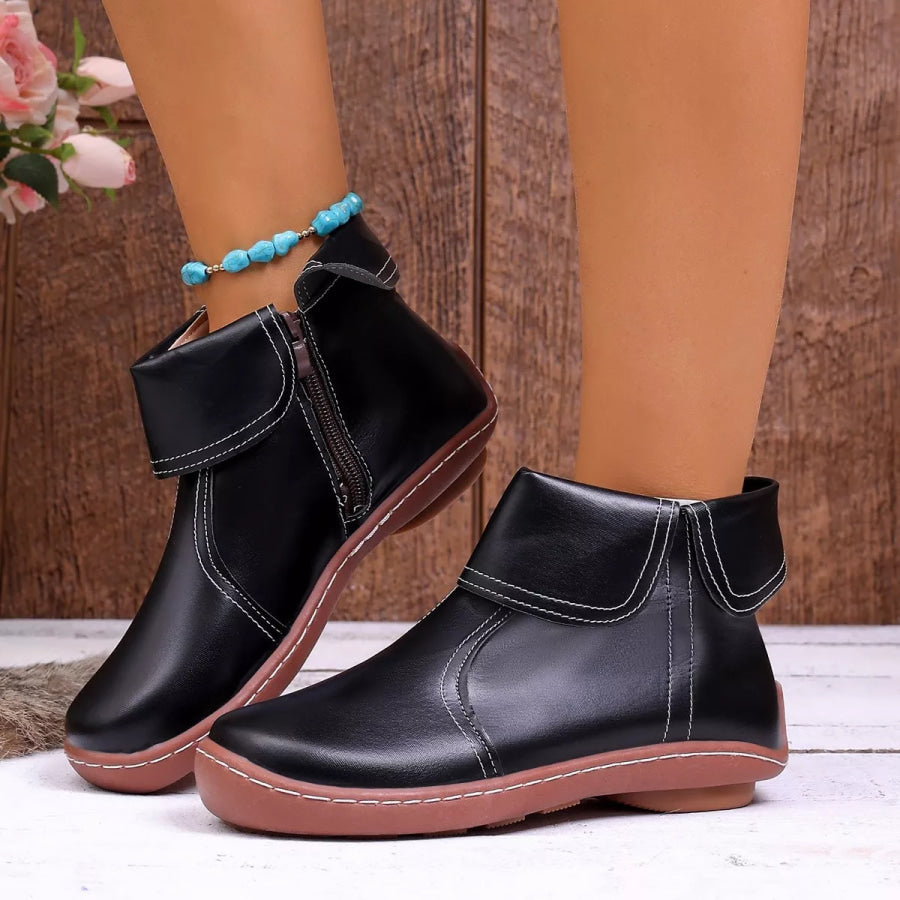 Round Toe Side Zipper Boots Black / 35 Apparel and Accessories