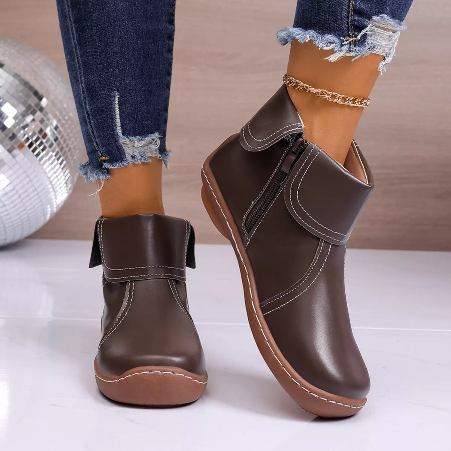 Round Toe Side Zipper Boots Brown / 35 Apparel and Accessories