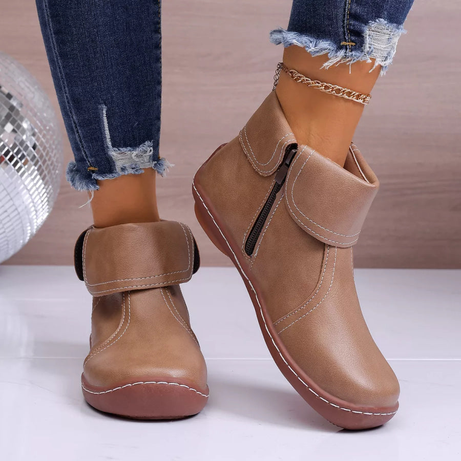 Round Toe Side Zipper Boots Khaki / 35 Apparel and Accessories