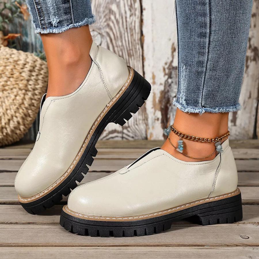 Round Toe Slip-On Loafers White / 36 Apparel and Accessories