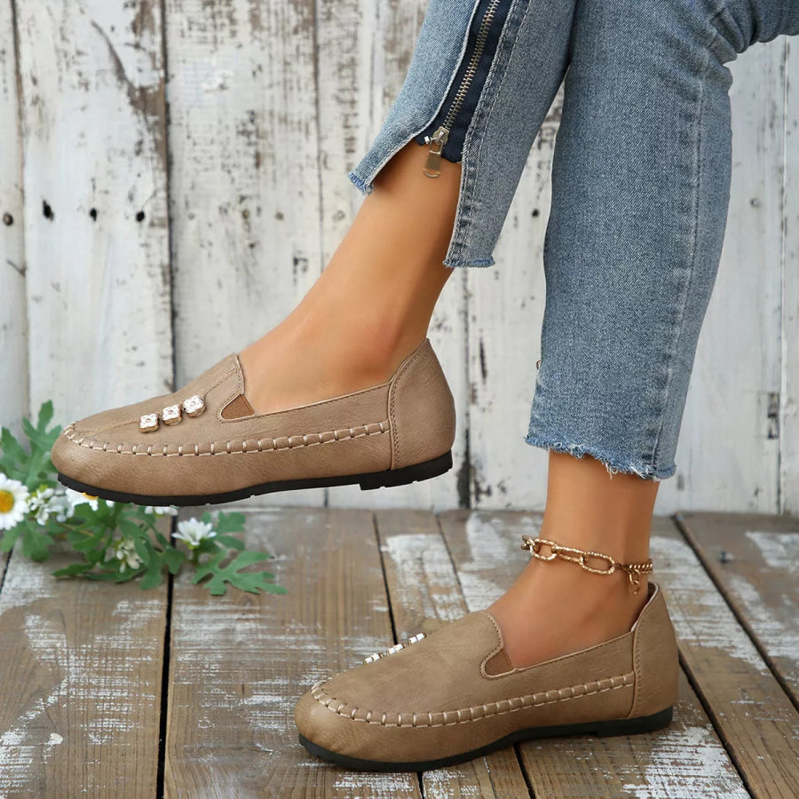 Round Toe Slip-Ons Khaki Color / 36 Apparel and Accessories