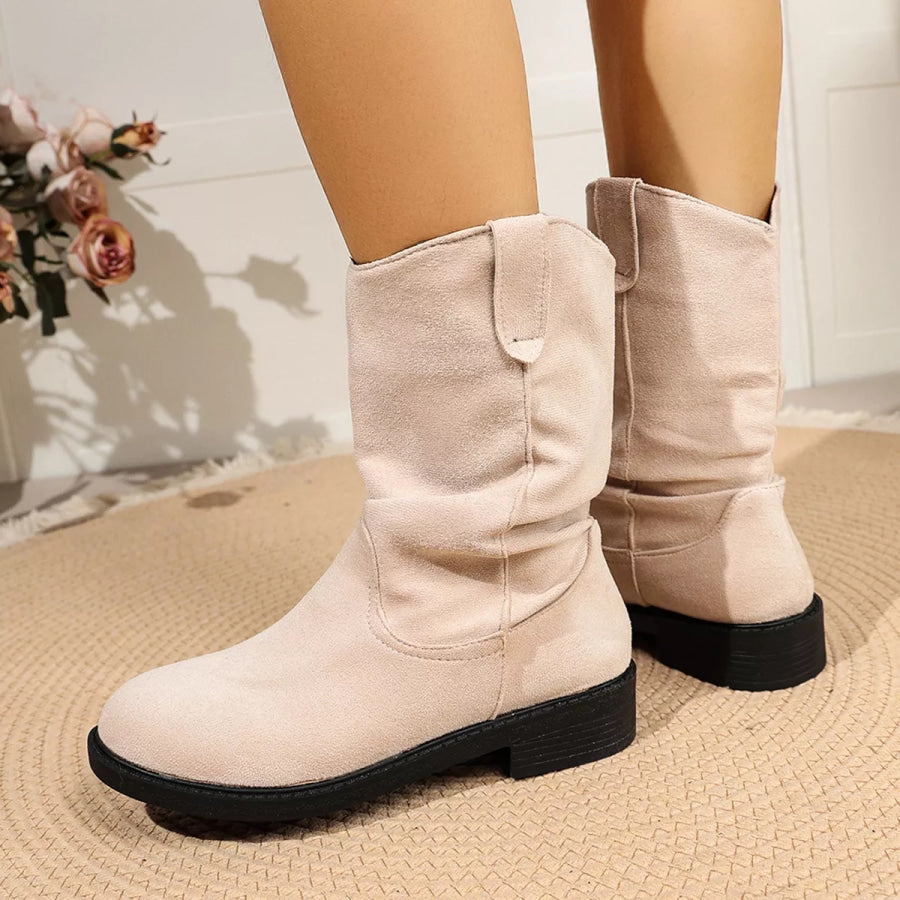 Round Toe Slouchy Boots Beige / 36 Apparel and Accessories