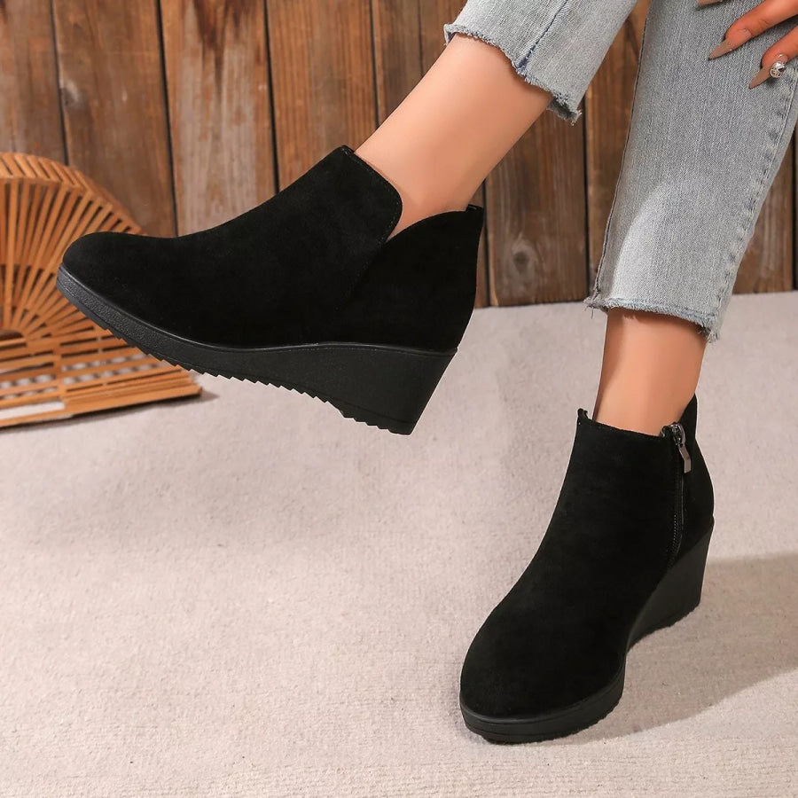 Round Toe Wedge Ankle Boots Black / 36 Apparel and Accessories