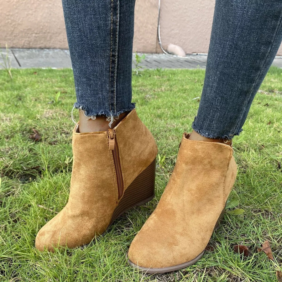 Round Toe Wedge Ankle Boots Brown / 35 Apparel and Accessories