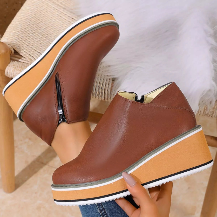 Round Toe Wedge Ankle Boots Brown / 36 Apparel and Accessories