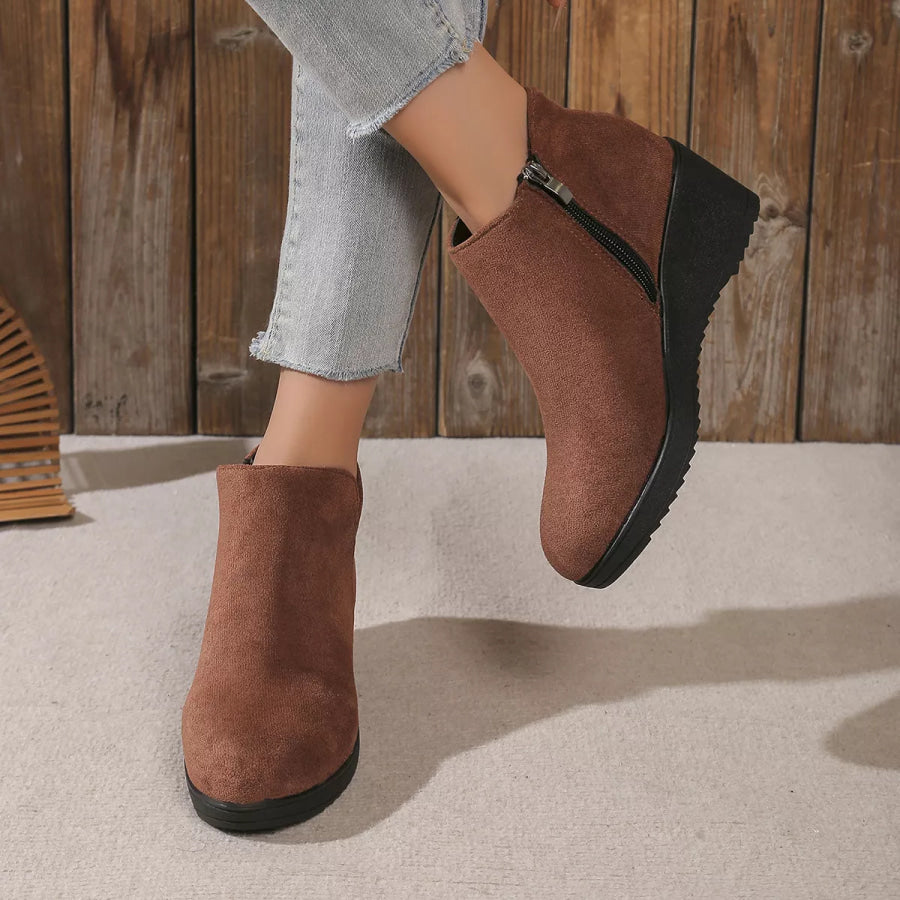 Round Toe Wedge Ankle Boots Brown / 36 Apparel and Accessories