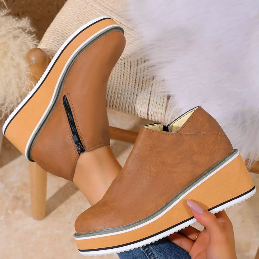Round Toe Wedge Ankle Boots Khaki / 36 Apparel and Accessories