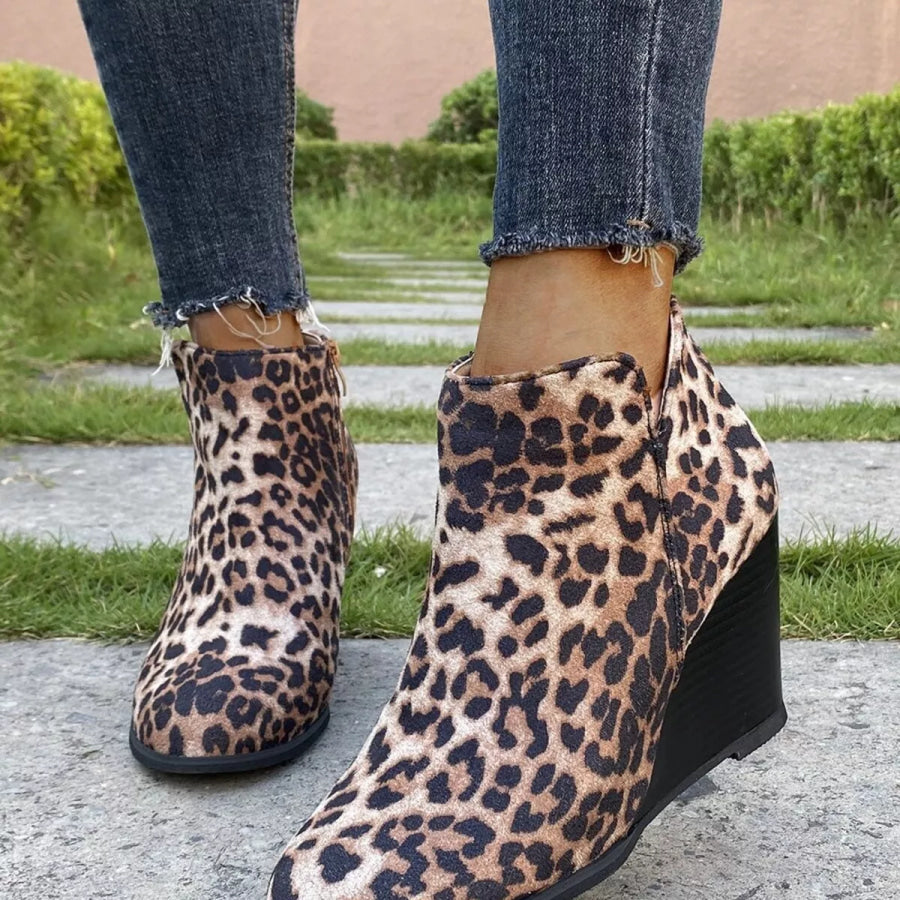 Round Toe Wedge Ankle Boots Leopard / 35 Apparel and Accessories
