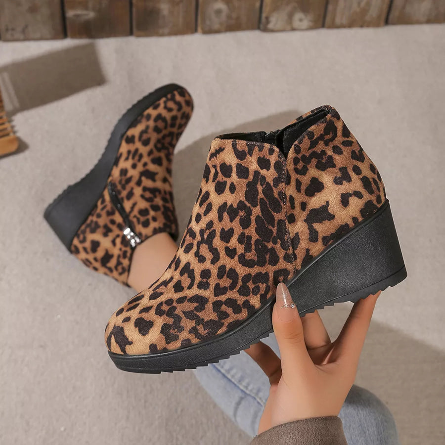Round Toe Wedge Ankle Boots Leopard / 36 Apparel and Accessories