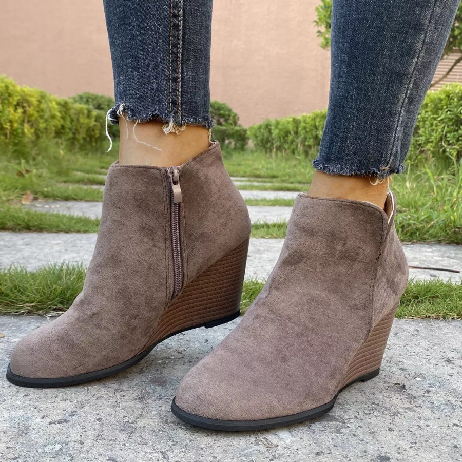Round Toe Wedge Ankle Boots Mocha / 35 Apparel and Accessories