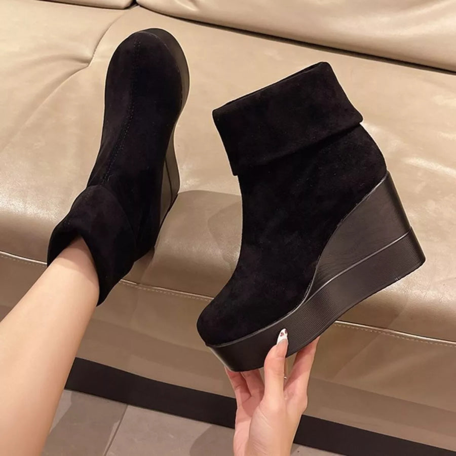 Round Toe Wedge Boots Black / 35 Apparel and Accessories