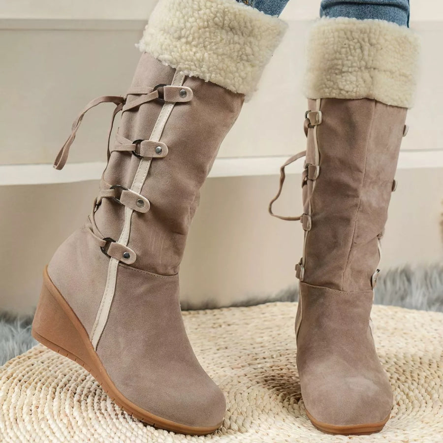 Round Toe Wedge Boots Beige / 35 Apparel and Accessories