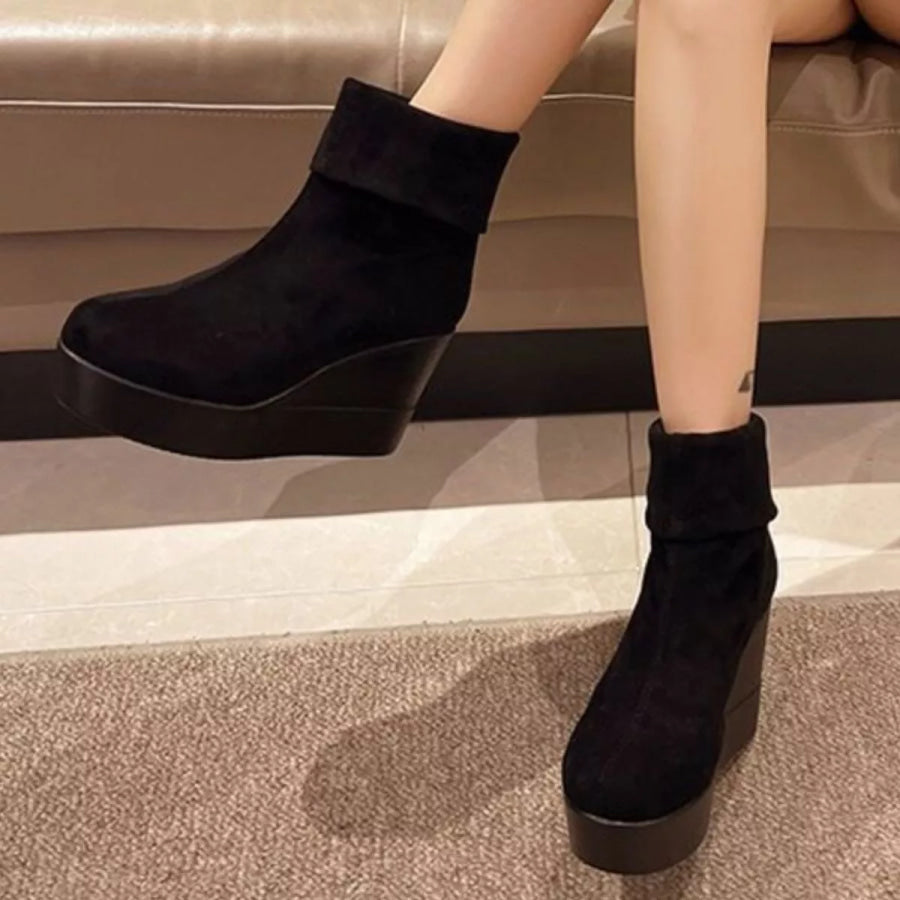 Round Toe Wedge Boots Black / 35 Apparel and Accessories