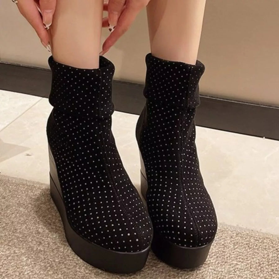 Round Toe Wedge Boots Black Polka Dots / 35 Apparel and Accessories