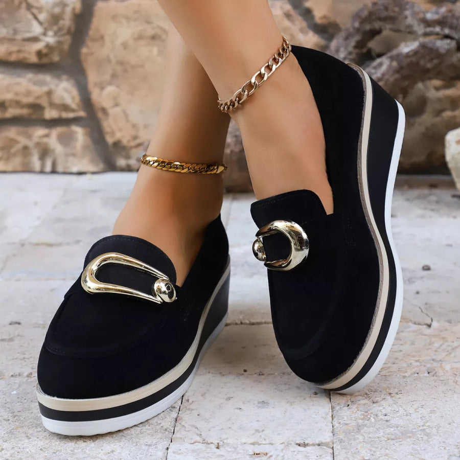 Round Toe Wedge Loafers Black / 36 Apparel and Accessories