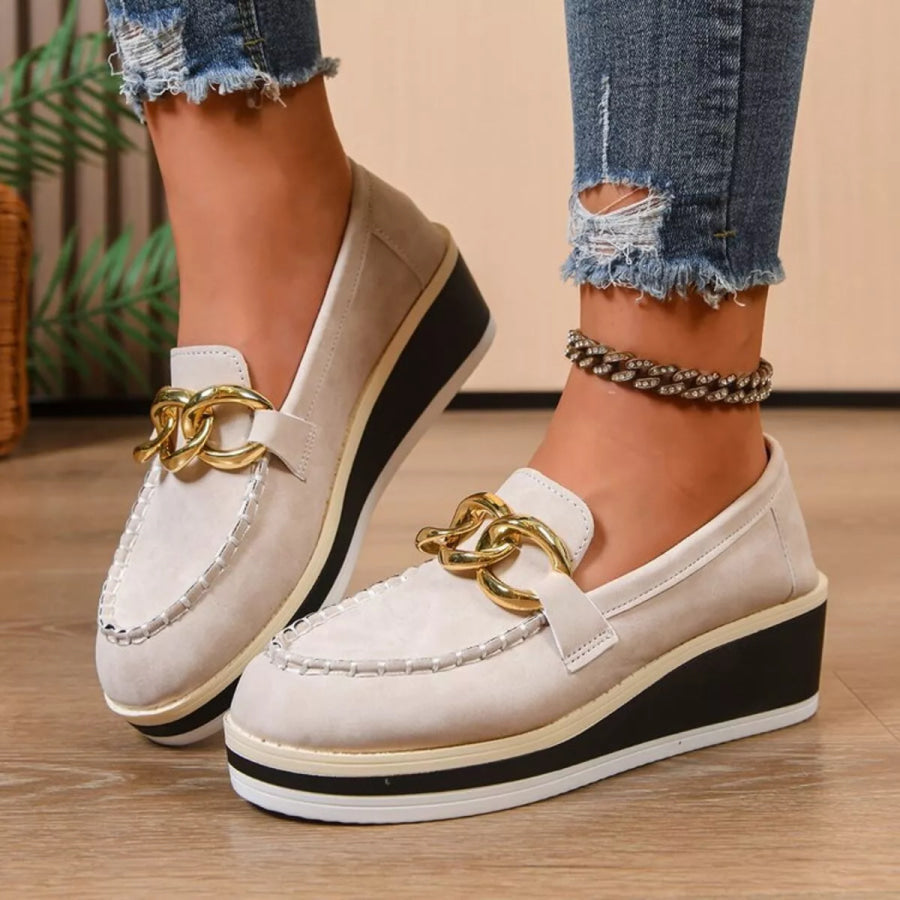 Round Toe Wedge Slip-Ons Beige / 36 Apparel and Accessories
