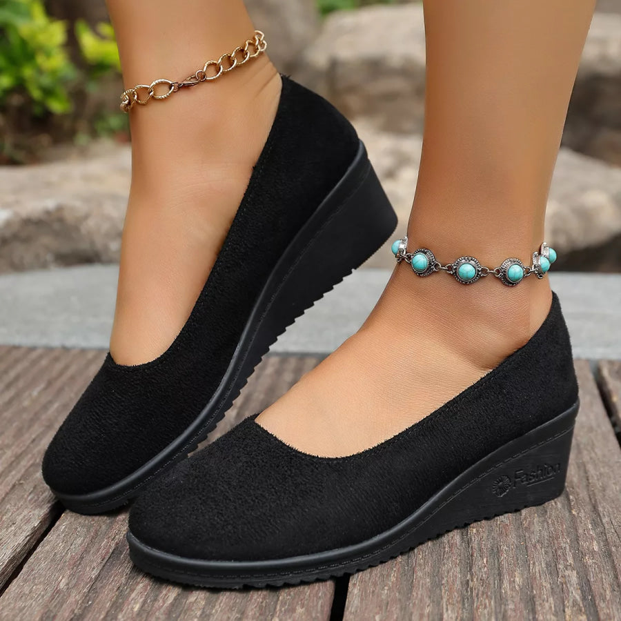 Round Toe Wedge Slip-Ons Black / 36 Apparel and Accessories