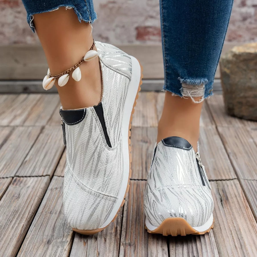 Round Toe Zipper Detail Slip-Ons White / 36 Apparel and Accessories