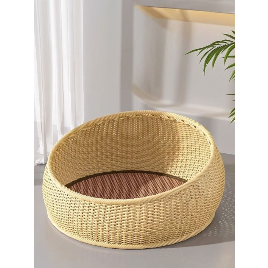 Round Woven Rattan Pet Nest Beige Rattan Nest + Pad / M Apparel and Accessories