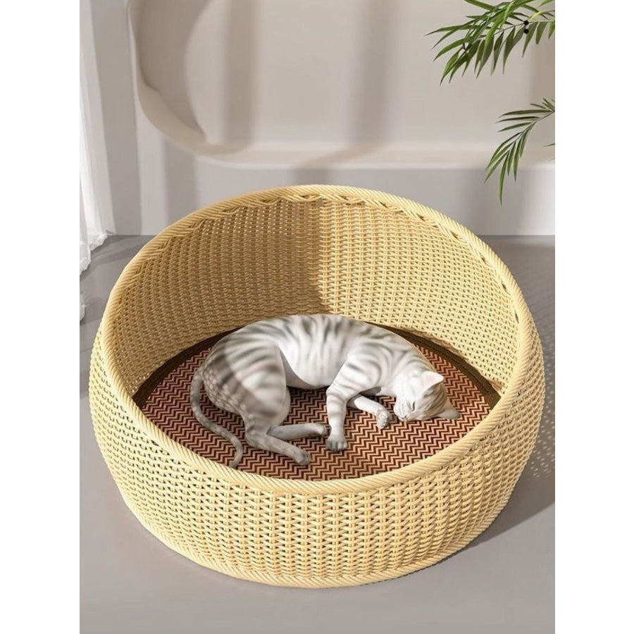 Round Woven Rattan Pet Nest Beige Rattan Nest + Pad / M Apparel and Accessories
