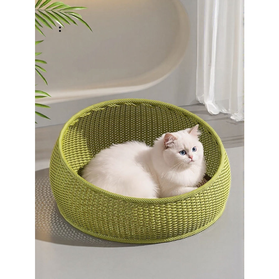 Round Woven Rattan Pet Nest Green Rattan Nest + Pad / M Apparel and Accessories