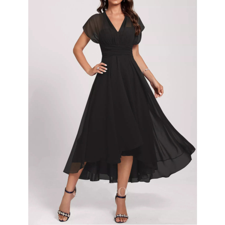 Ruched A-Line Midi Dress Black / S Apparel and Accessories