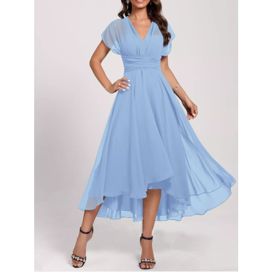 Ruched A-Line Midi Dress Light Blue / S Apparel and Accessories