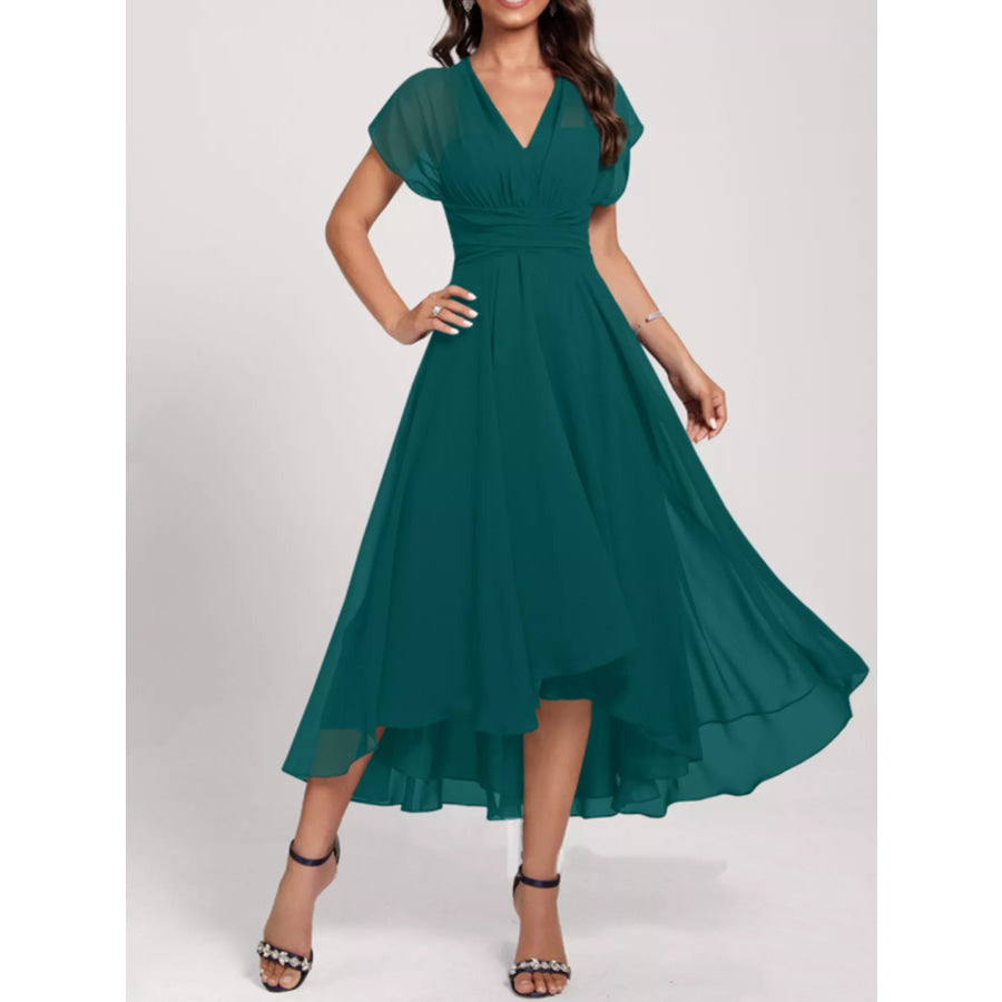 Ruched A-Line Midi Dress Peacock Green / S Apparel and Accessories