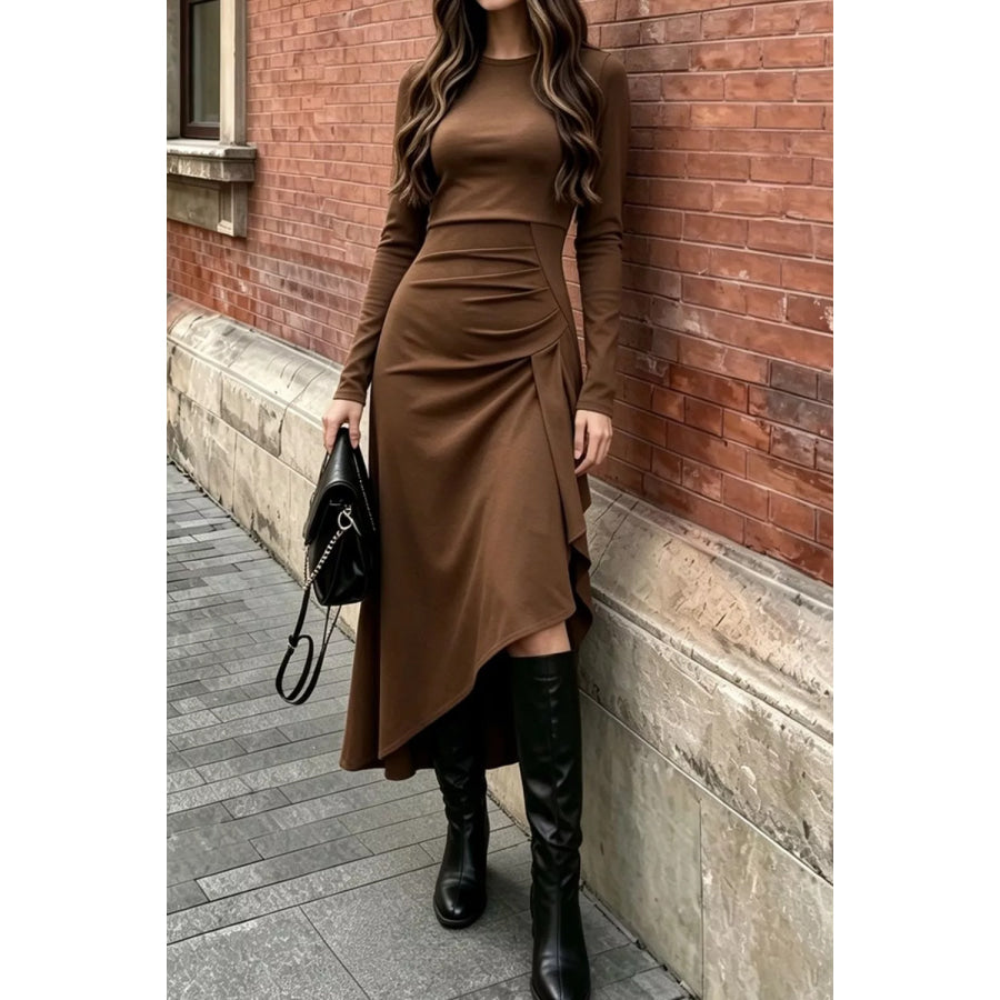 Ruched Asymmetrical Hem Long Sleeve Dress Brown / S Apparel and Accessories