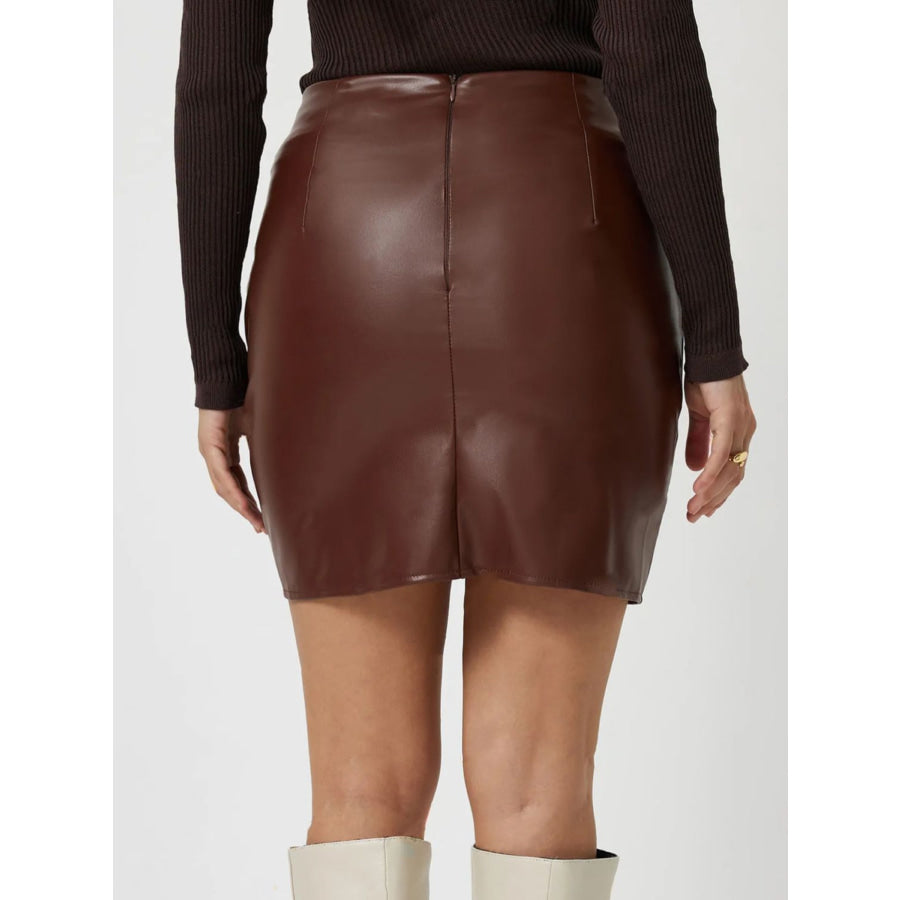 Ruched Asymmetrical Hem Skirt Brown / S Apparel and Accessories