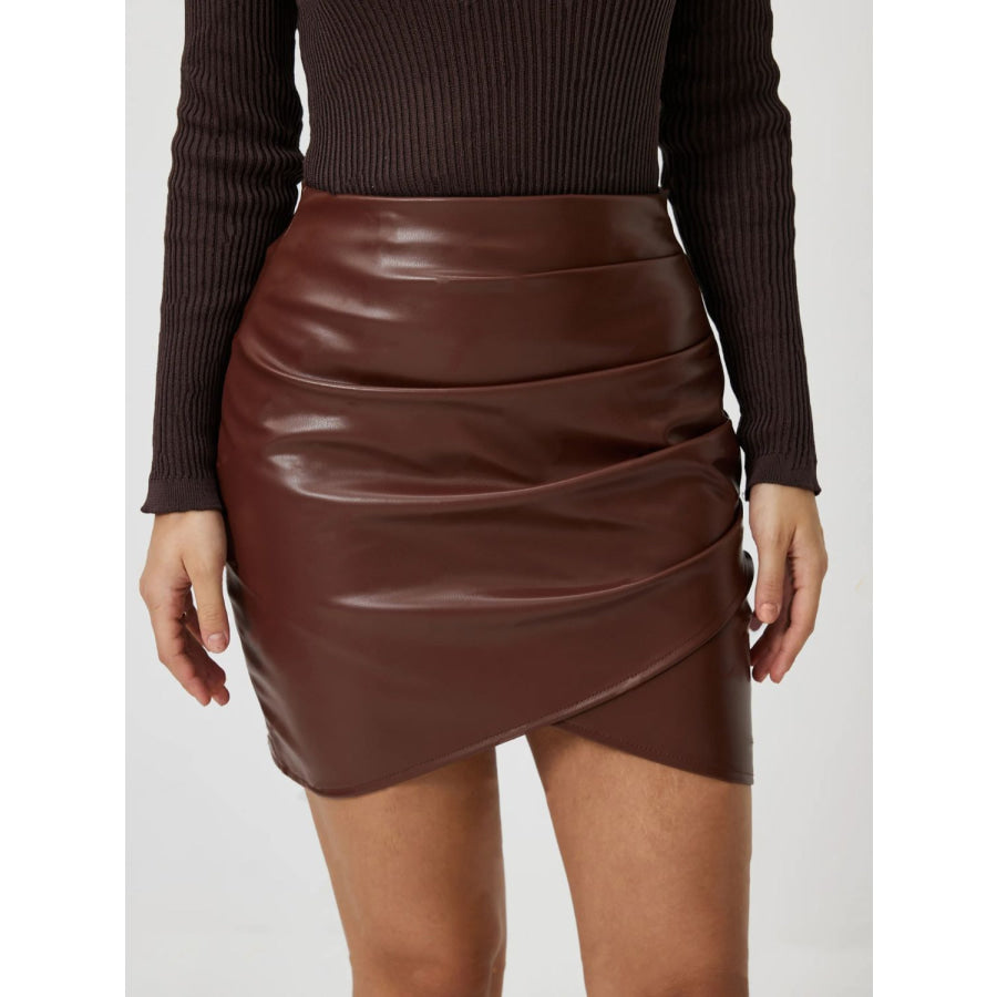 Ruched Asymmetrical Hem Skirt Brown / S Apparel and Accessories