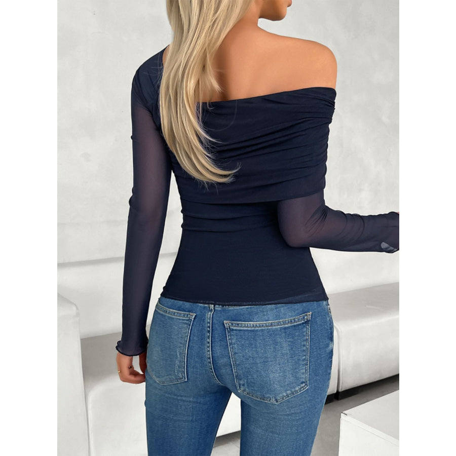 Ruched Asymmetrical Long Sleeve T-Shirt Dark Blue / S Apparel and Accessories