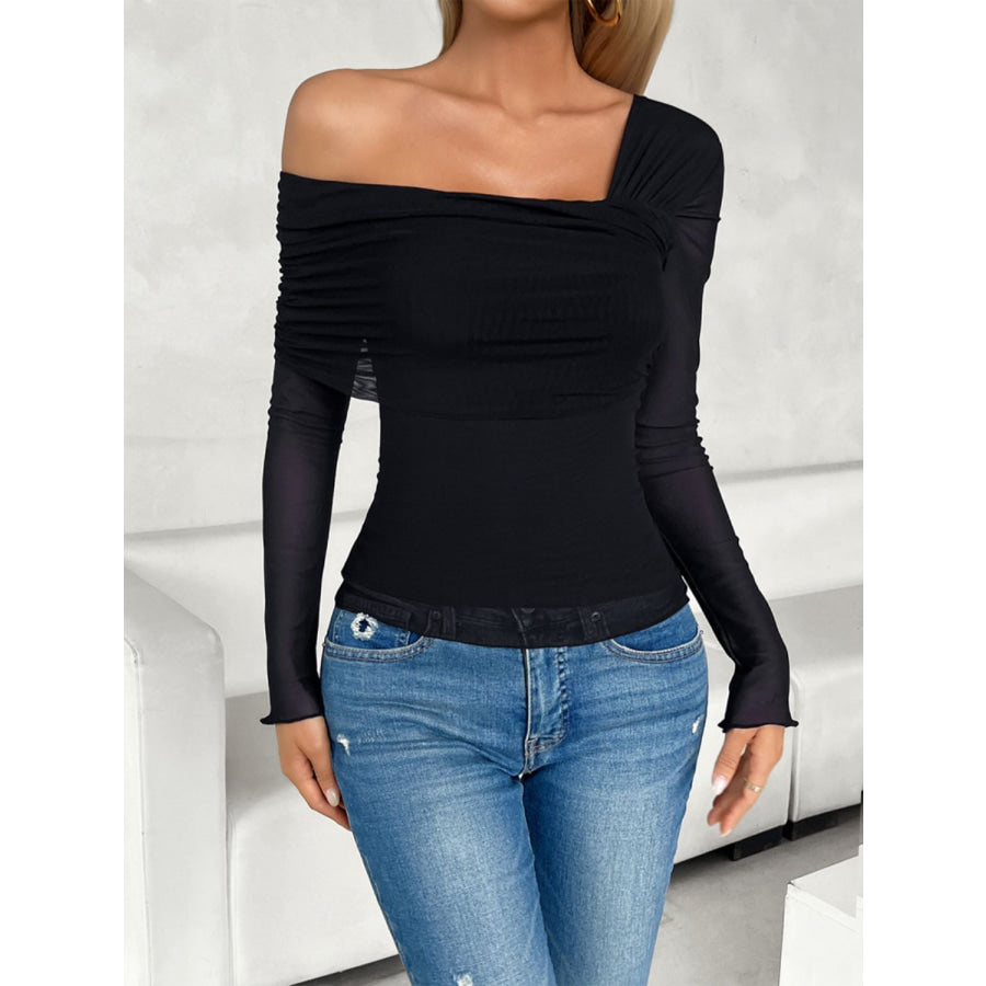 Ruched Asymmetrical Long Sleeve T-Shirt Black / S Apparel and Accessories