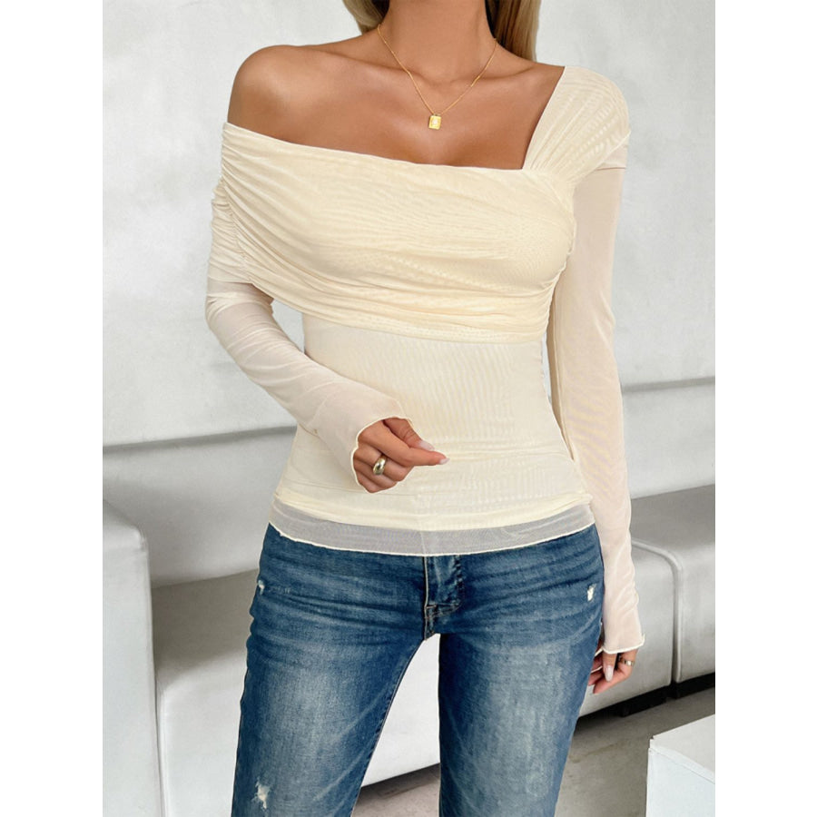 Ruched Asymmetrical Long Sleeve T-Shirt Cream / S Apparel and Accessories